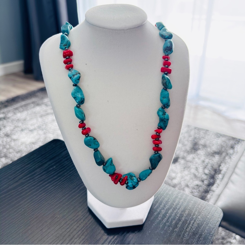 Turquoise Style & Coral Color Necklace 18” Chunky Southwestern Boho